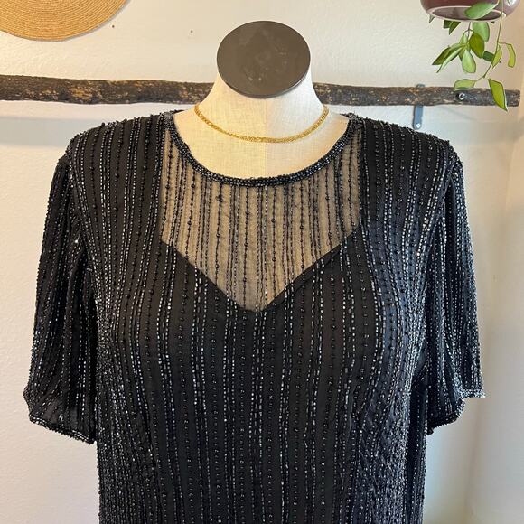 Black 100% Silk Beaded Sequin Sparkle Short Sleeve Knee Length Dress Size 22/24 - Picture 8 of 13